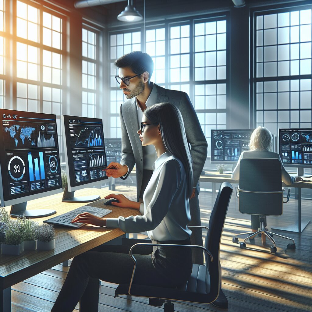 An SME team using AI tools for automated E-E-A-T content creation, collaborating around SEO dashboards and strategy planning.