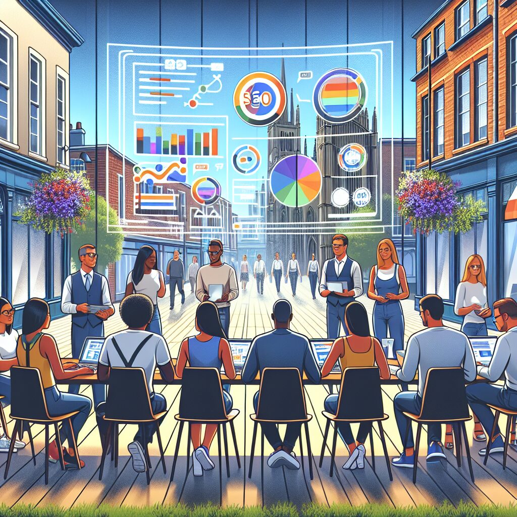 Flat illustration showing small business owners in the UK comparing small business SEO plans with charts, automation icons and UK street setting.