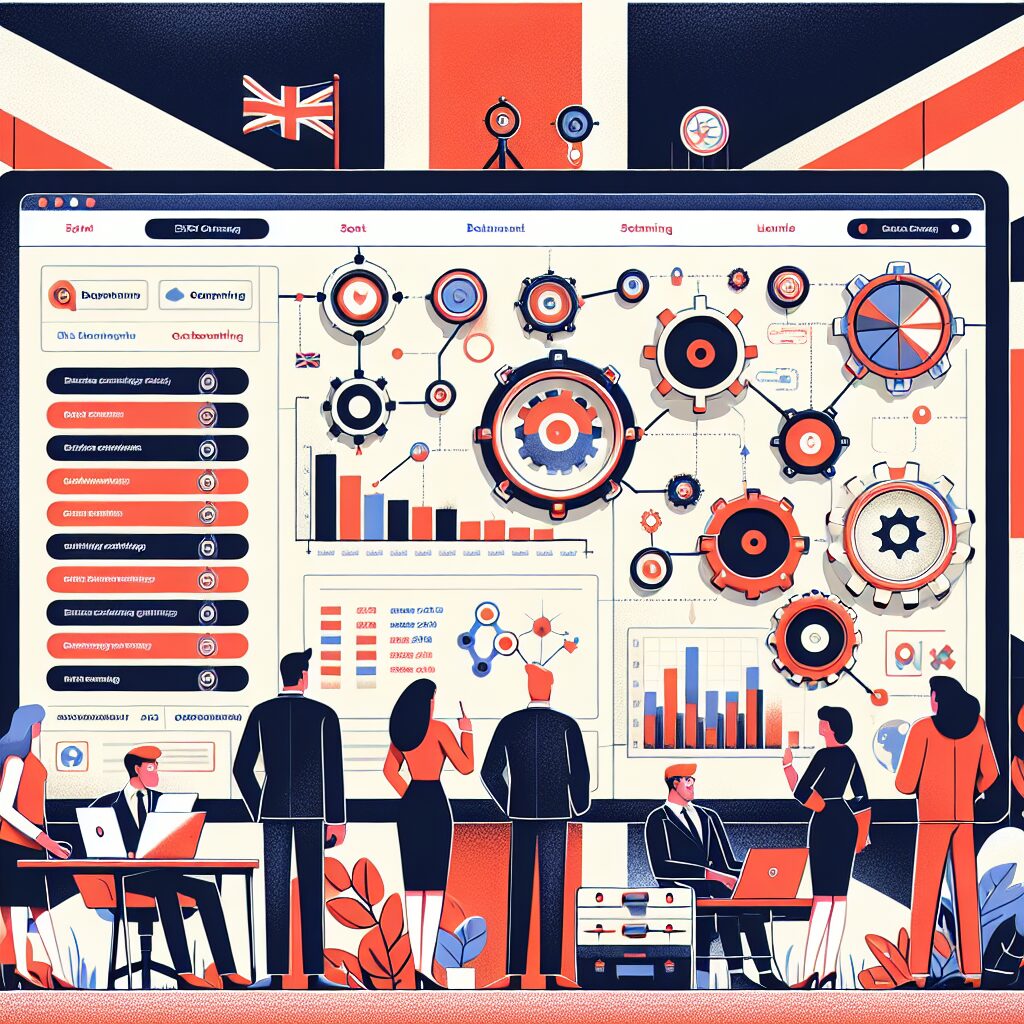 Illustration showing UK SME owners comparing SEO onboarding costs and pricing dashboards in 2025, with automation tools featured.