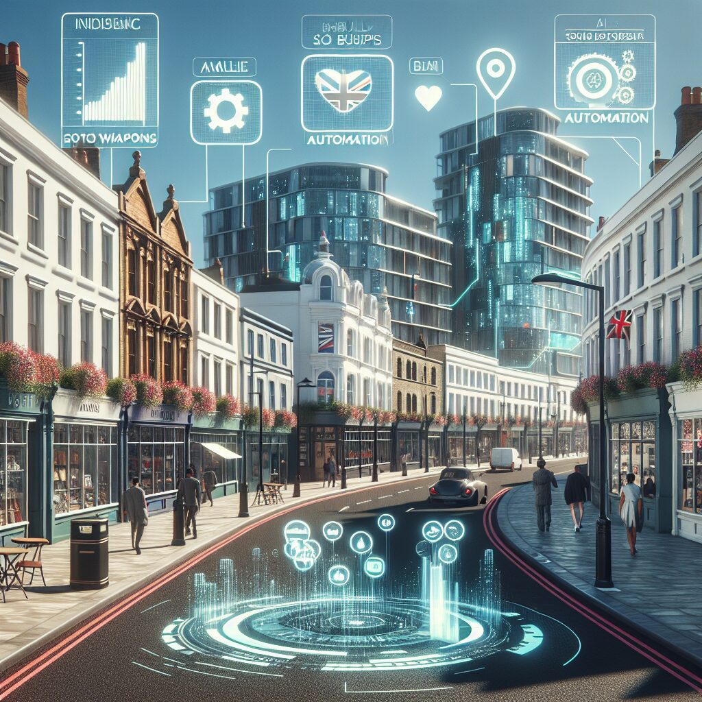 AI-powered SEO dashboard visual overlaid on UK high street shops, showing analytics and automation icons for 'automated SEO UK' targeting SMEs.