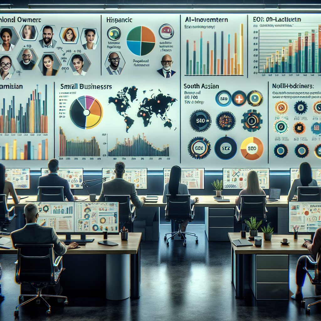 Small business team reviewing AI SEO pricing UK on digital dashboards with cost and ROI projections visible.