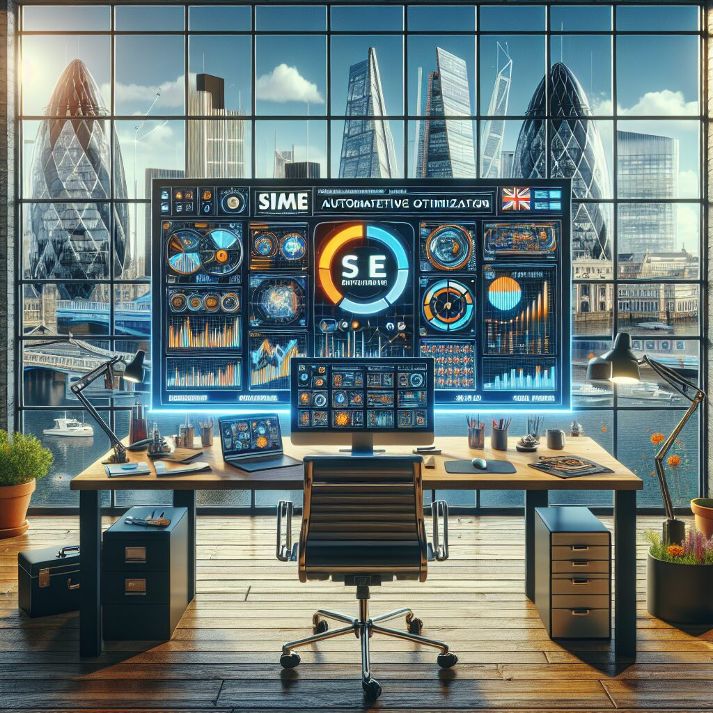 Dashboard showing automated SEO UK performance metrics for local businesses using AI-driven tools in a digital marketing office.