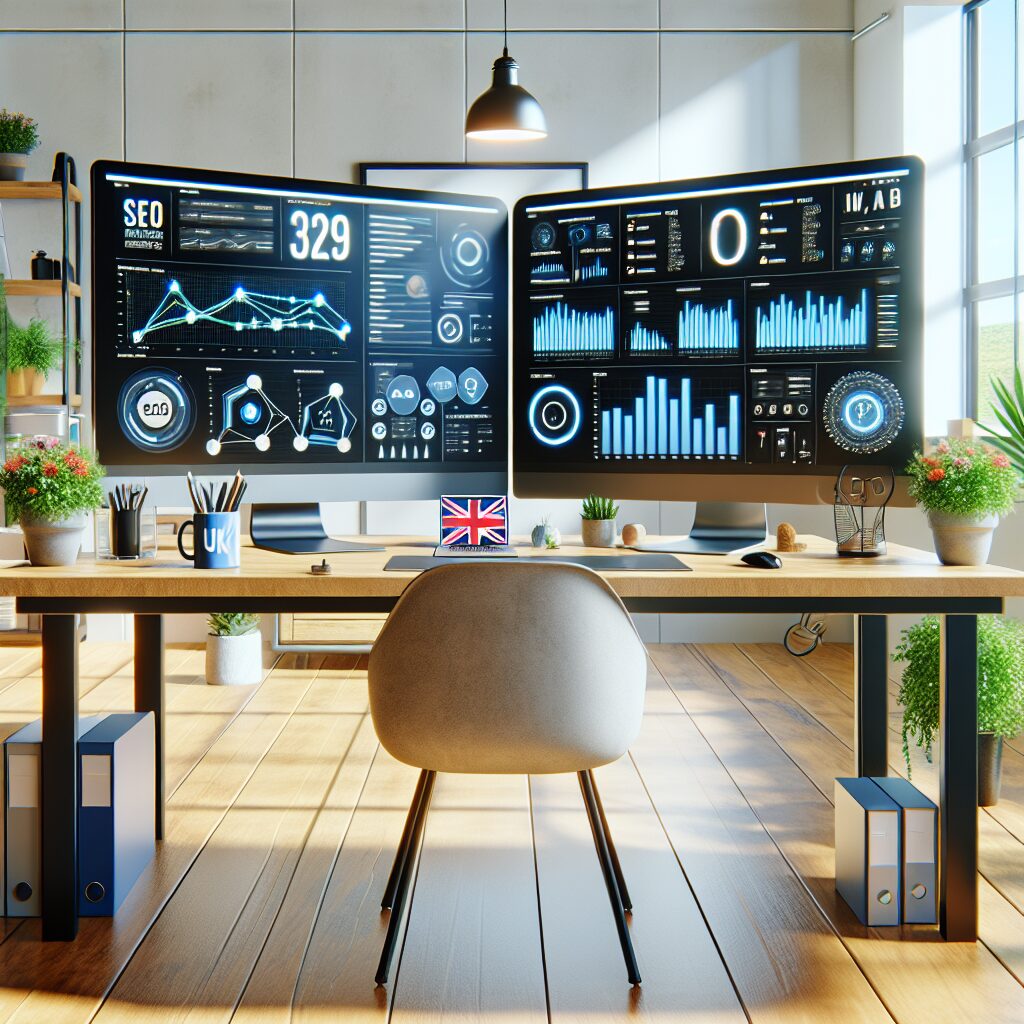 Modern UK-based workspace showing automated SEO UK dashboards on screens, with AI optimisation visuals and analytic graphs.