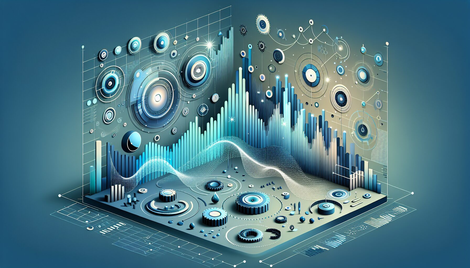 Illustration representing top automated SEO tools for UK SMEs in 2024, showing interfaces of analytics, AI, and content generation across a digital UK storefront.
