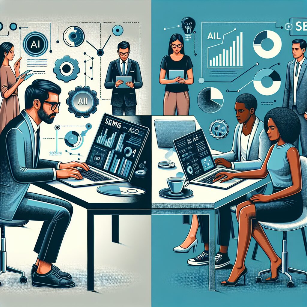 Split-screen image comparing an SME owner using automated SEO tools with a team of SEO agency professionals discussing strategy.