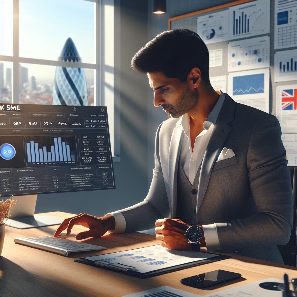 A UK SME owner analyzing an AI SEO dashboard showing pricing data – illustrating AI SEO pricing UK and automation tools used by small businesses.
