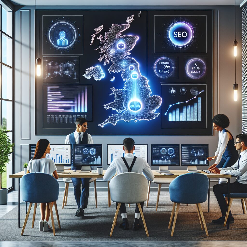 An illustration showing automated SEO services UK SMEs use to improve visibility, performance dashboards and an AI-driven workflow.