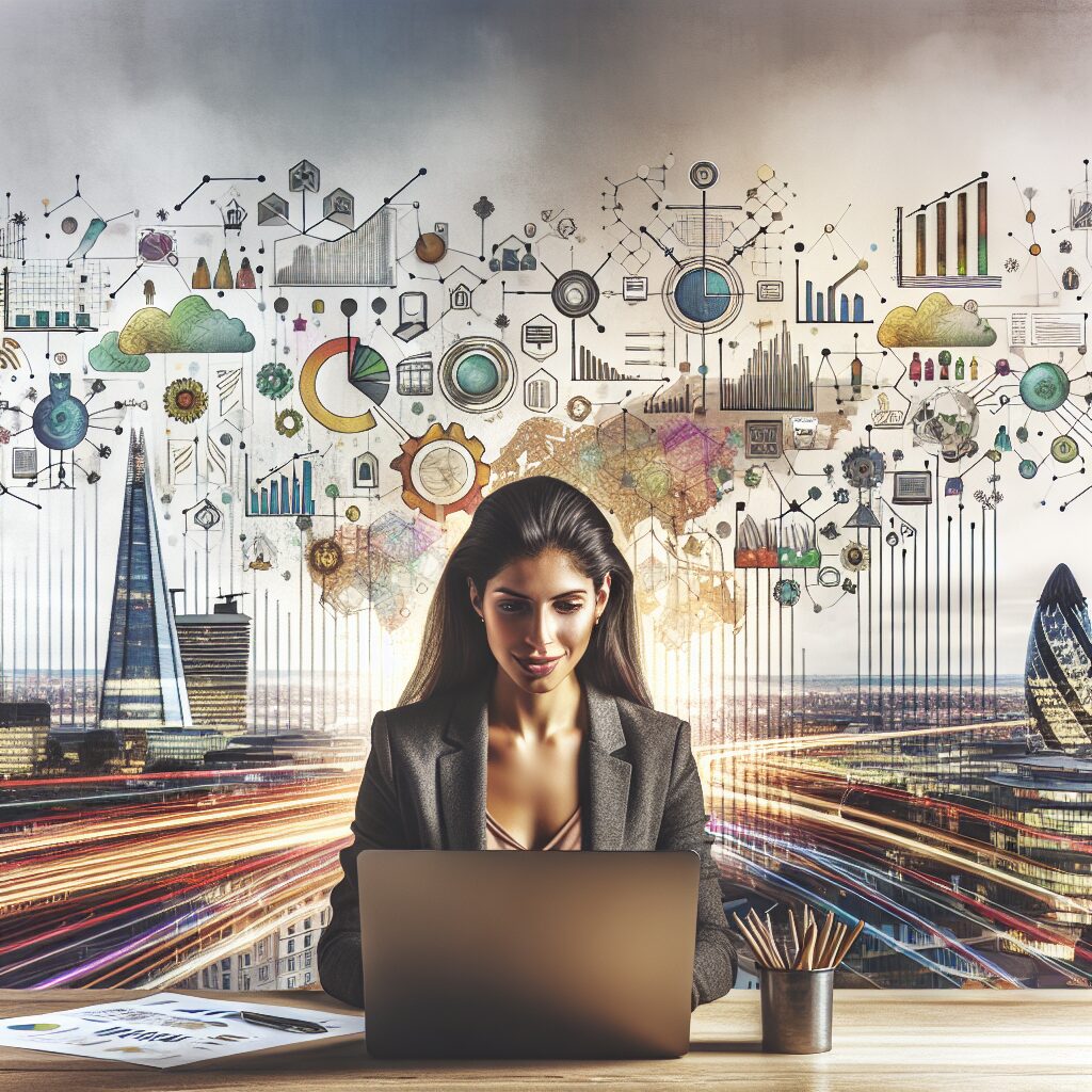 A UK SME owner using AI-driven SEO tools with SEO alternatives UK solutions in a modern workspace with automation icons.