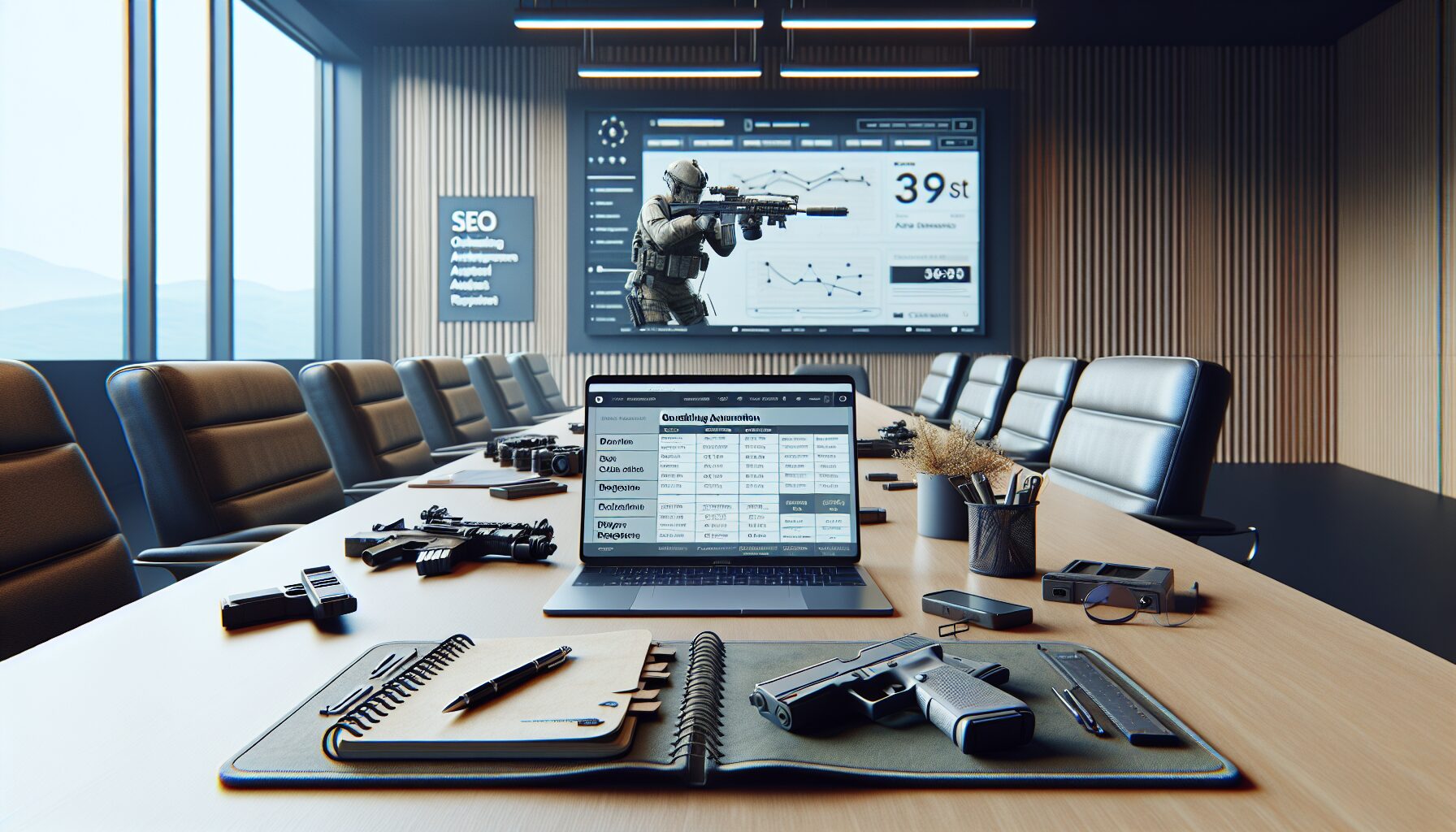 Laptop on a meeting room table displaying automated SEO onboarding dashboard with checklist of campaign setup steps.