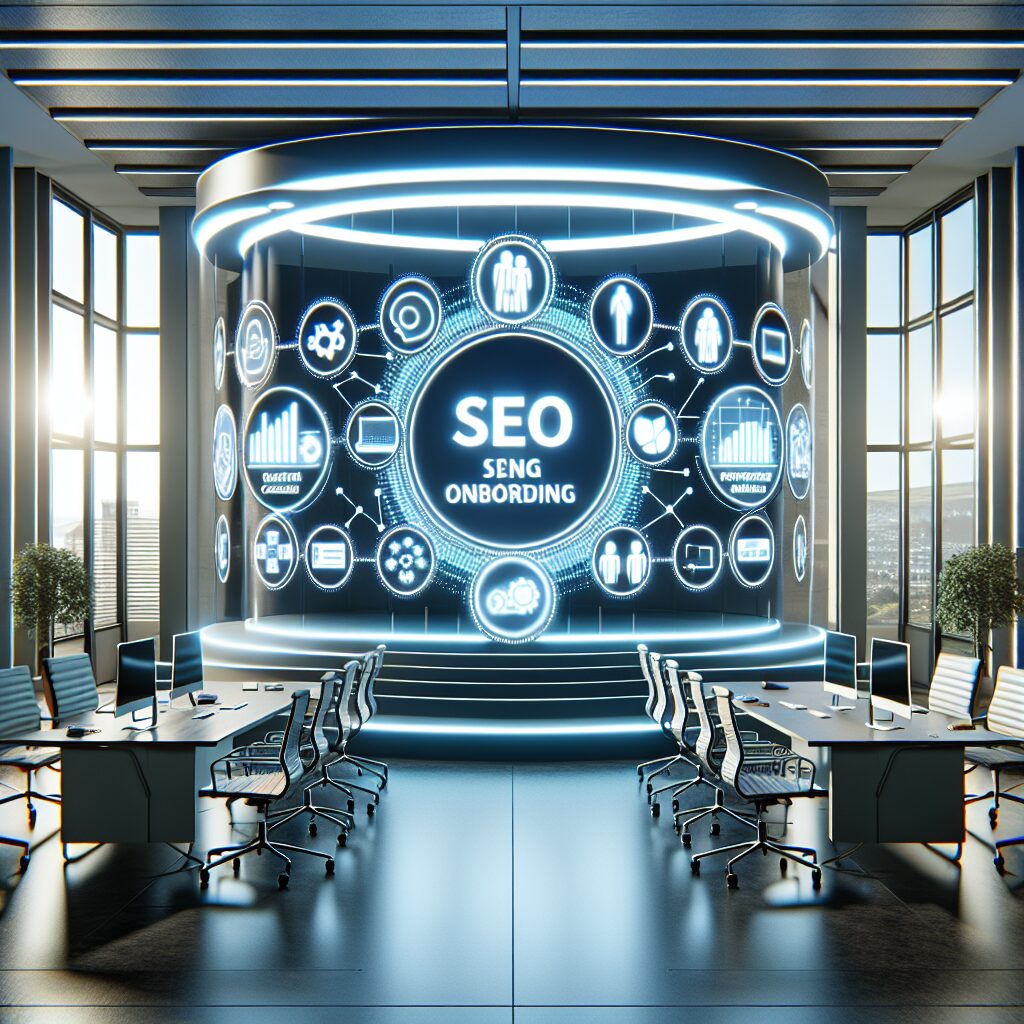 Digital dashboard in a modern workspace showing steps of automated SEO onboarding including audit, goals, integration, and reporting tools.