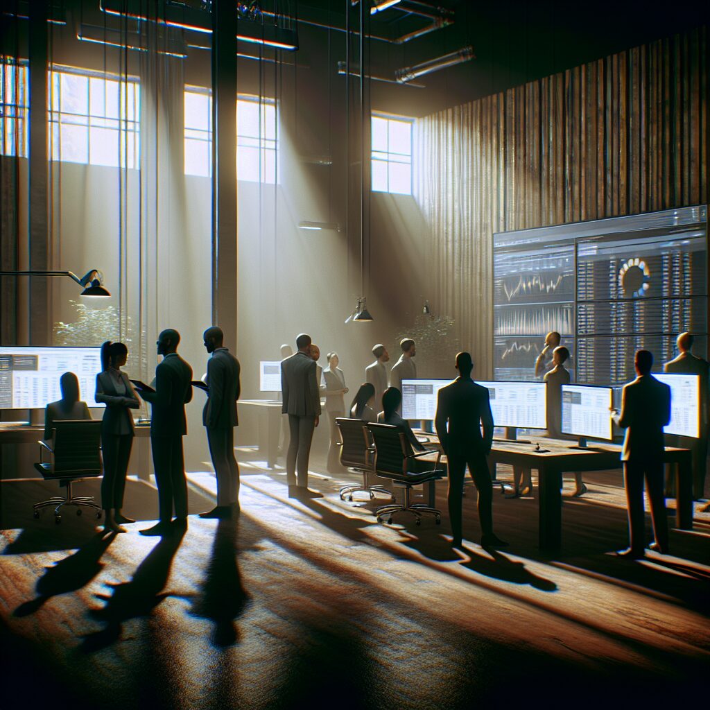 UK SME team reviewing SEO automation UK dashboard with AI-powered analytics in an office environment.