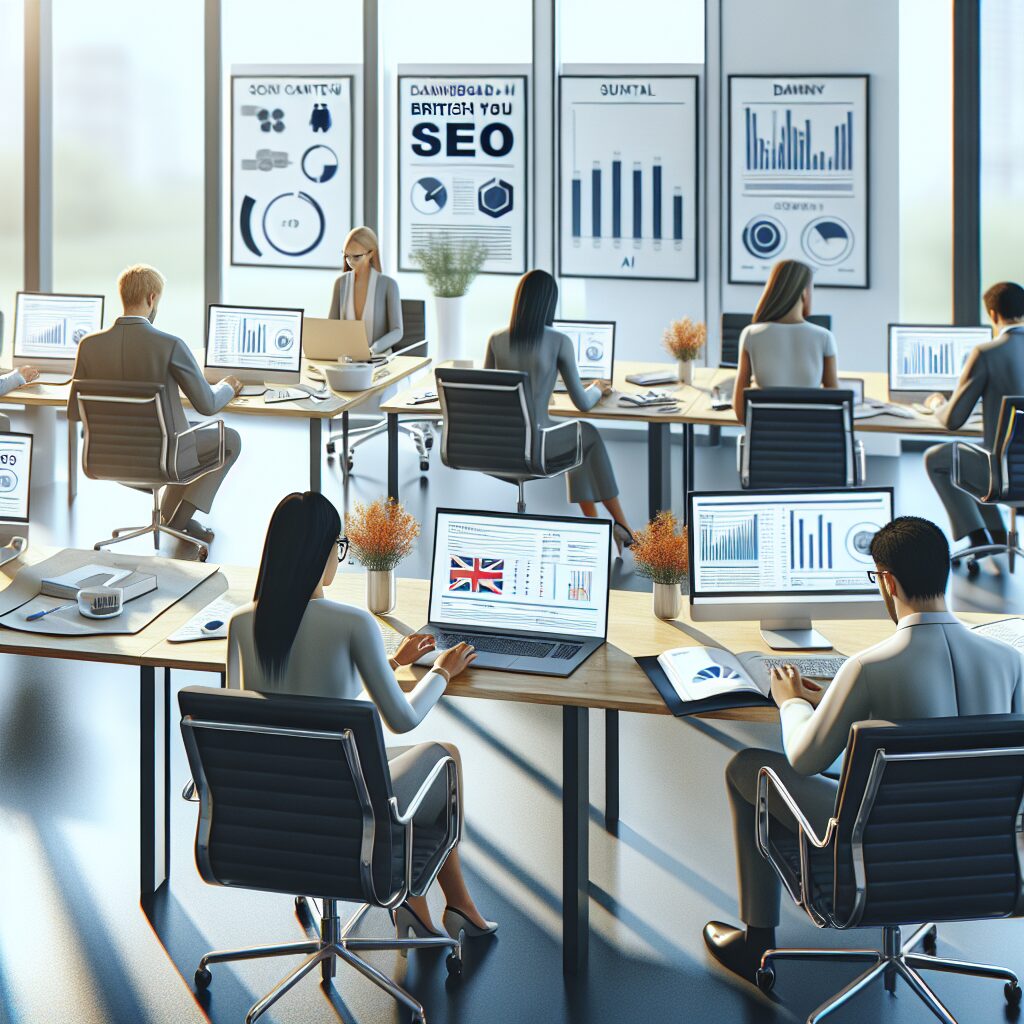 Modern office workspace showing AI SEO content generator dashboards in use by UK SME professionals.