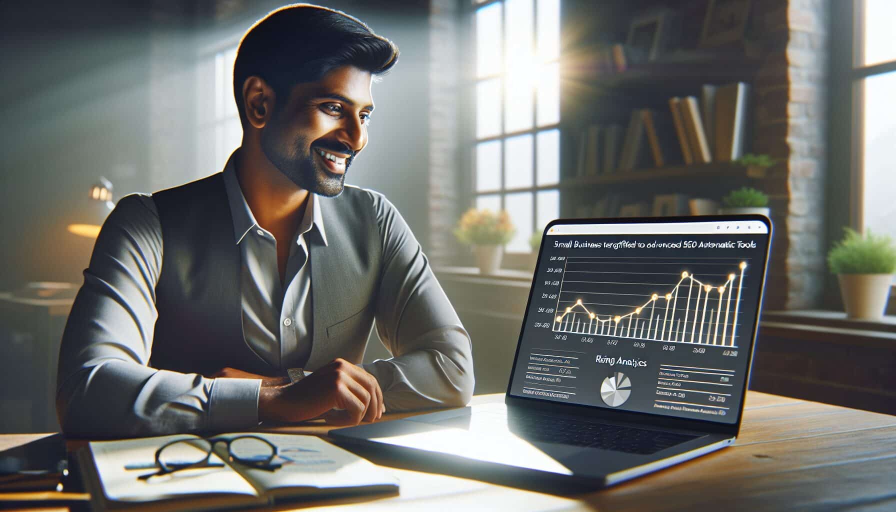 UK small business owner tracks results from using Eldris SEO Service with an AI-powered analytics dashboard.