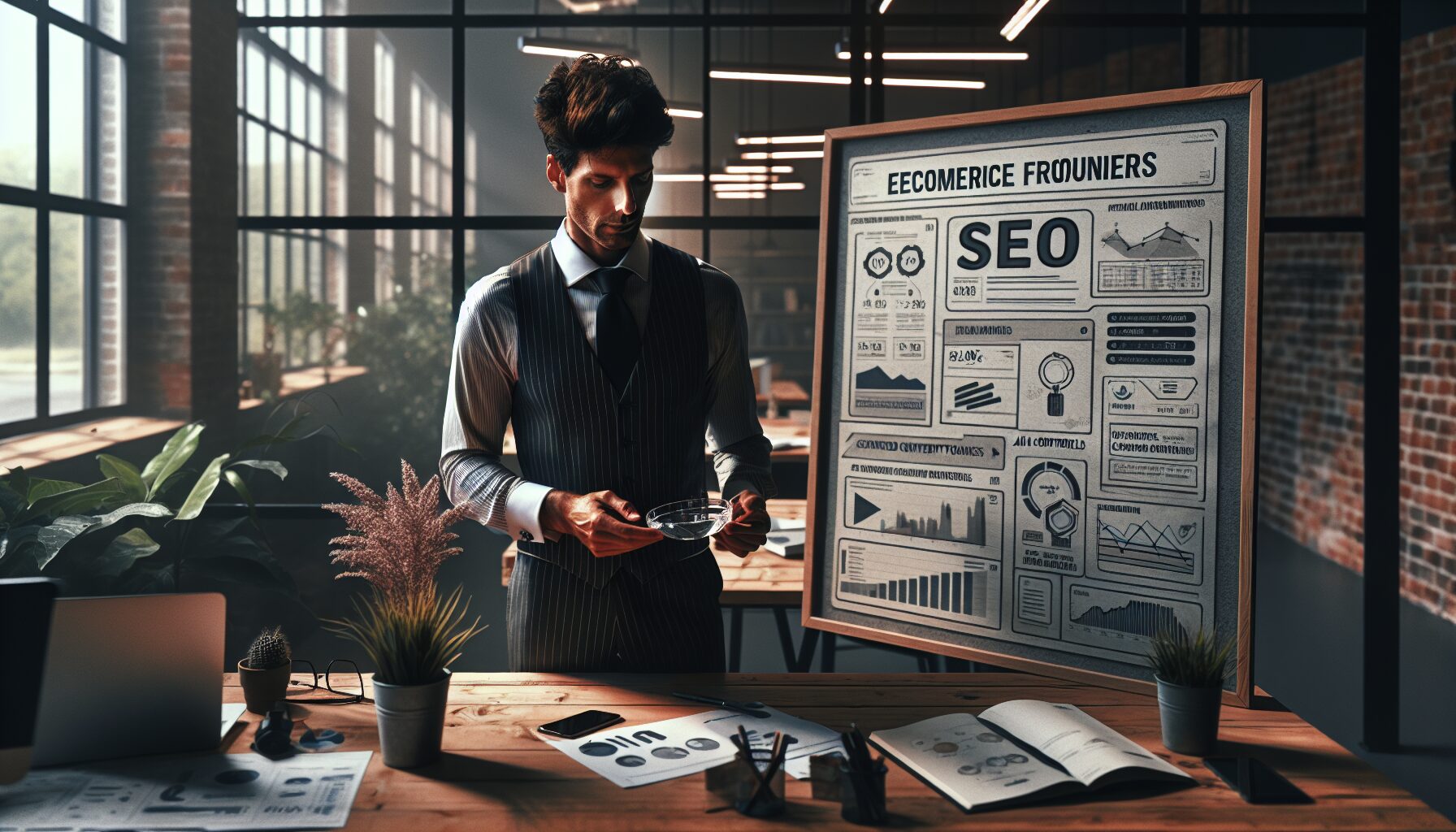 UK DTC founder reviewing SEO automation results and revenue growth using AI-powered tools for 2024 strategy.