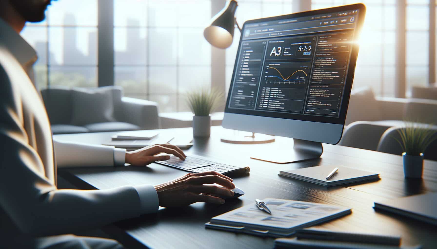 UK office desk showing automated SEO tools on-screen with planning papers and a hand navigating content workflows.