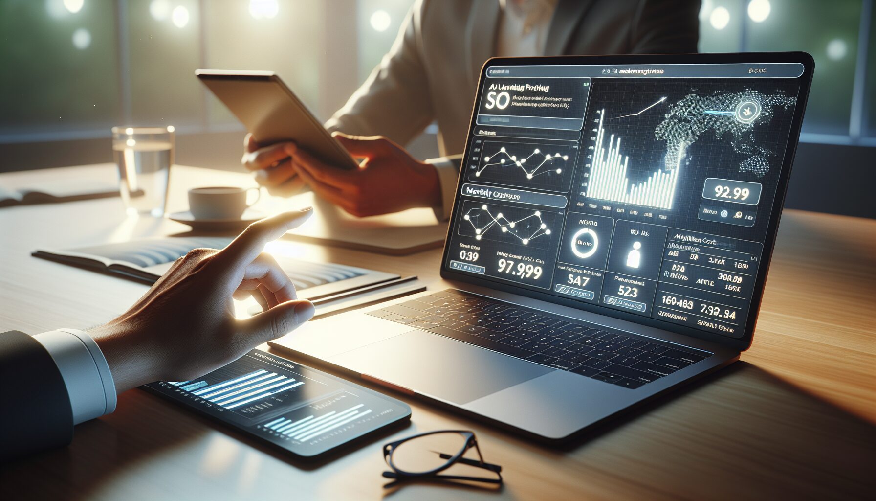 Tablet and laptop showing UK SEO pricing charts and ROI metrics for automated SEO planning.