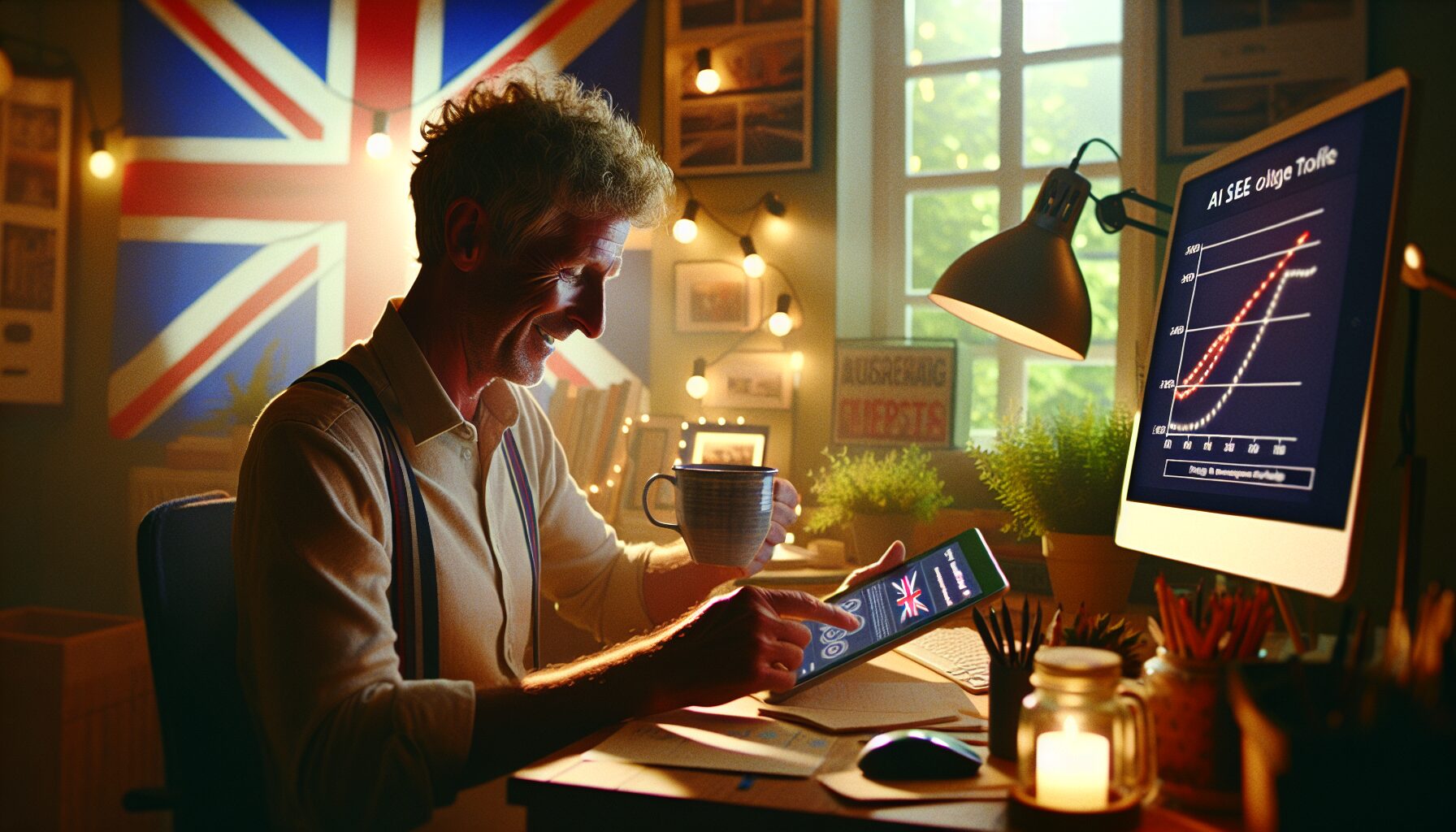UK small business owner using AI SEO tools to review website traffic improvements on a tablet.