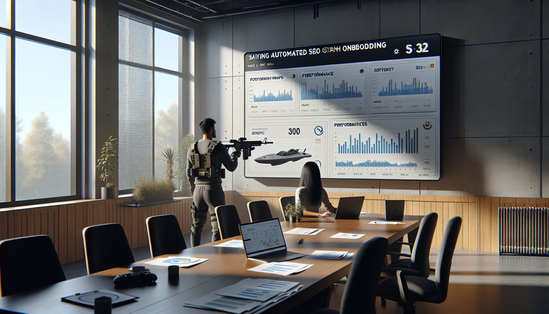 Team member reviewing SEO onboarding analytics on wall display at a UK SME office using Eldris.