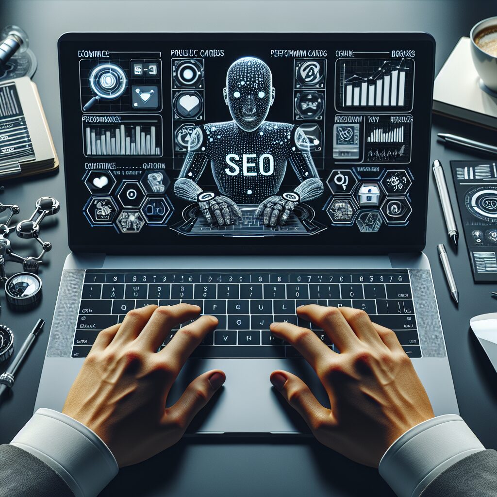 AI SEO content dashboard on laptop screen with ecommerce analytics in modern workspace for UK online retailers.