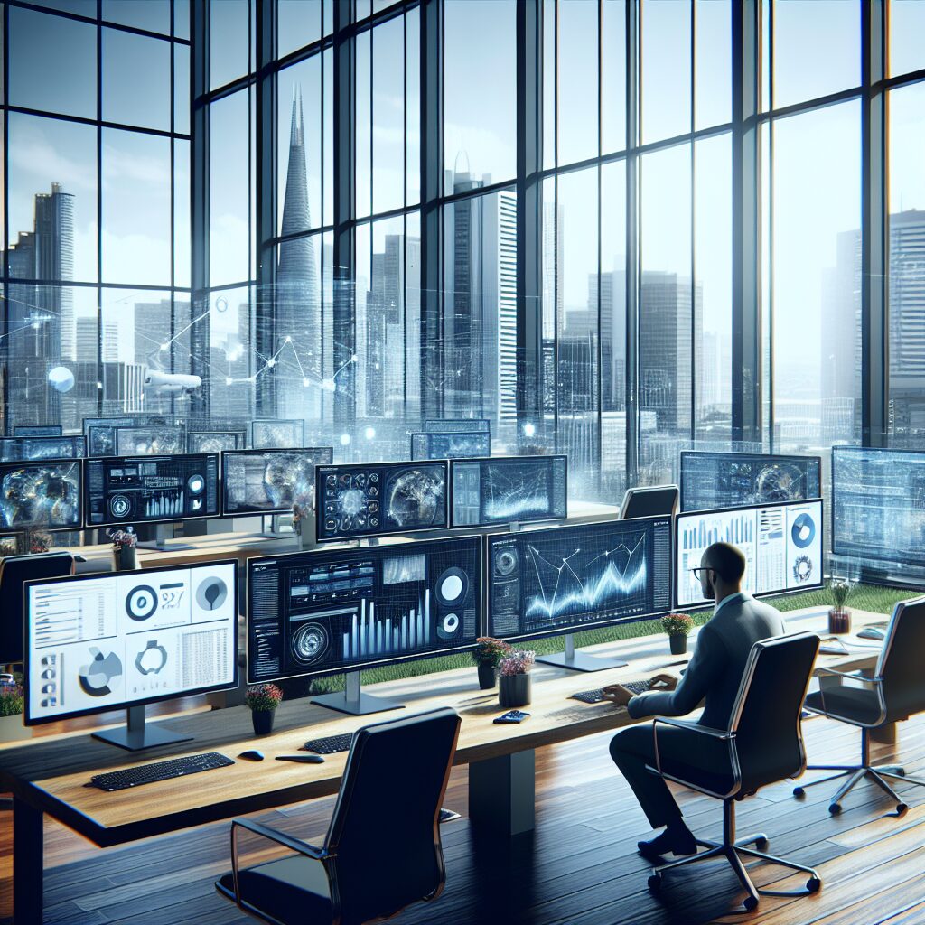 Modern British office showing hands using computers with SEO automation UK tools and analytics dashboards.