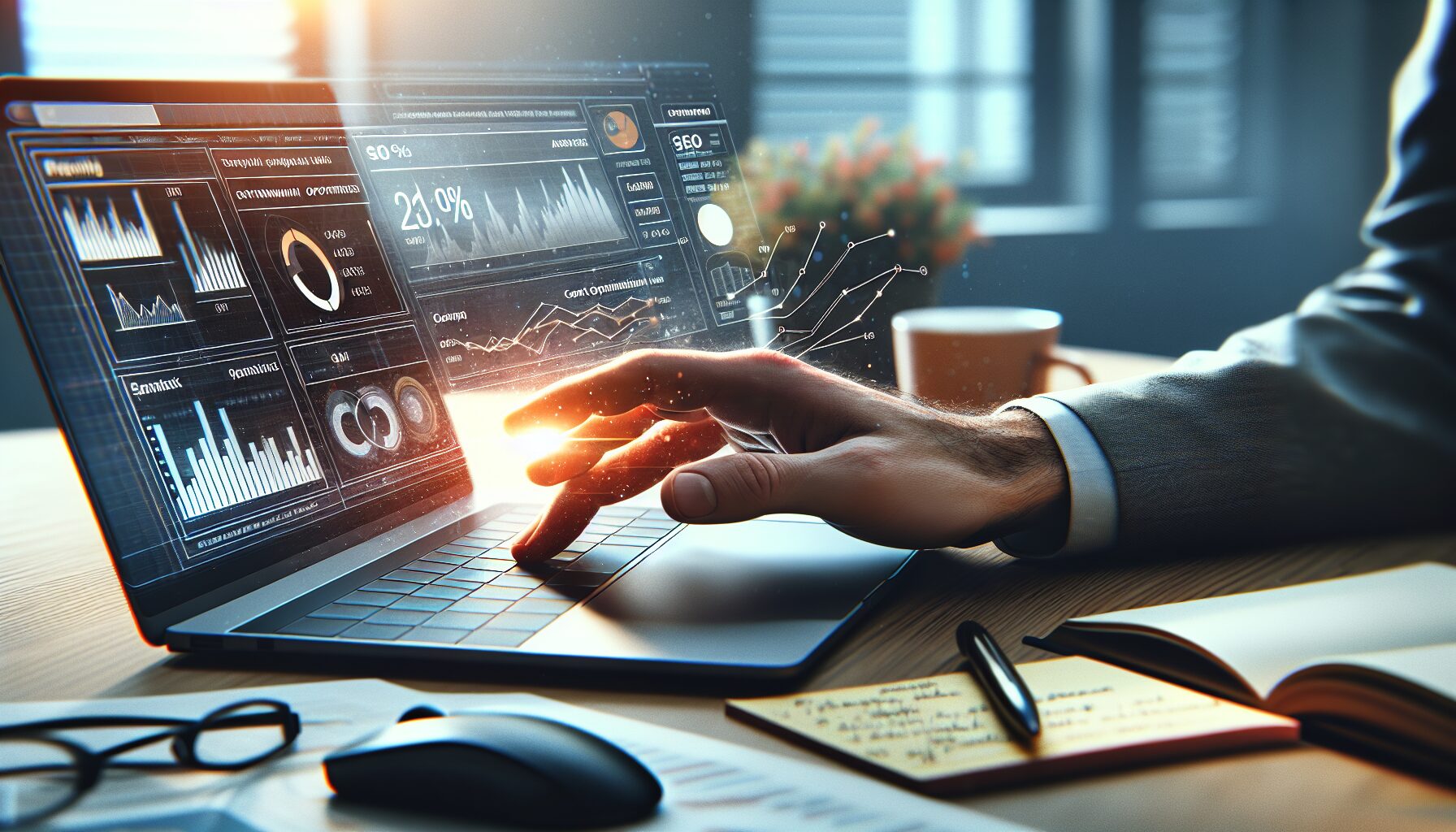 Laptop screen showing live SEO automation results with ranking performance graphs and optimise content tools in use.