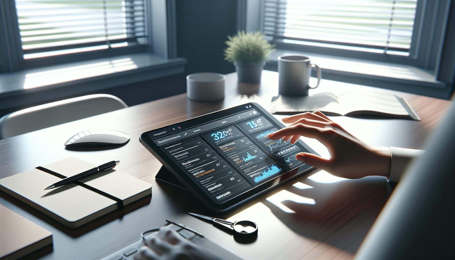 Hands interacting with tablet displaying automated ecommerce SEO dashboard featuring keyword insights and product visuals.