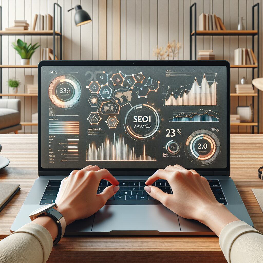 Hands using laptop featuring SEO graphs and positive ROI results, showcasing Eldris SEO service benefits for UK small businesses.