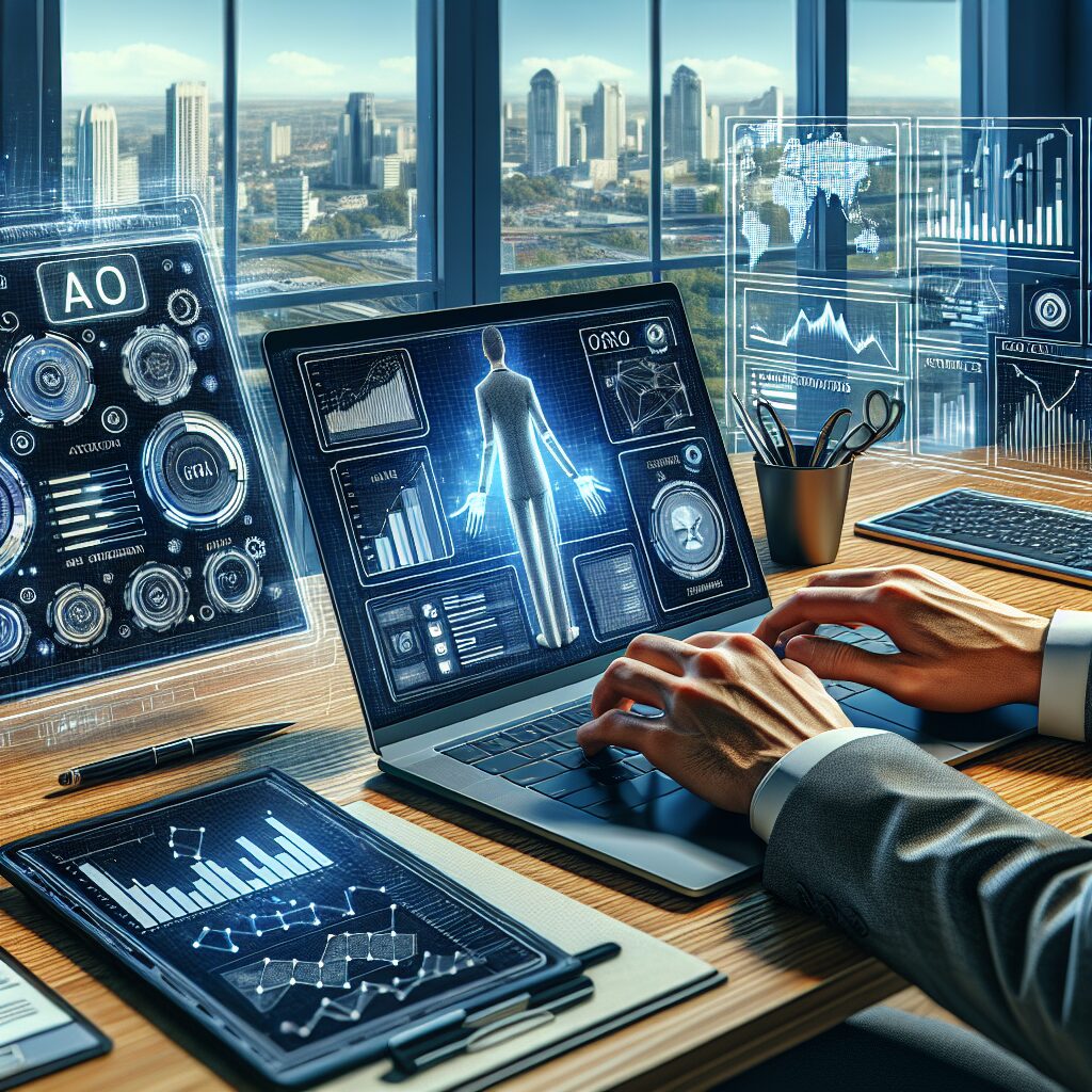 AI-powered SEO dashboard on a laptop screen showing automated SEO onboarding for UK SMEs with graphs and audit tools.