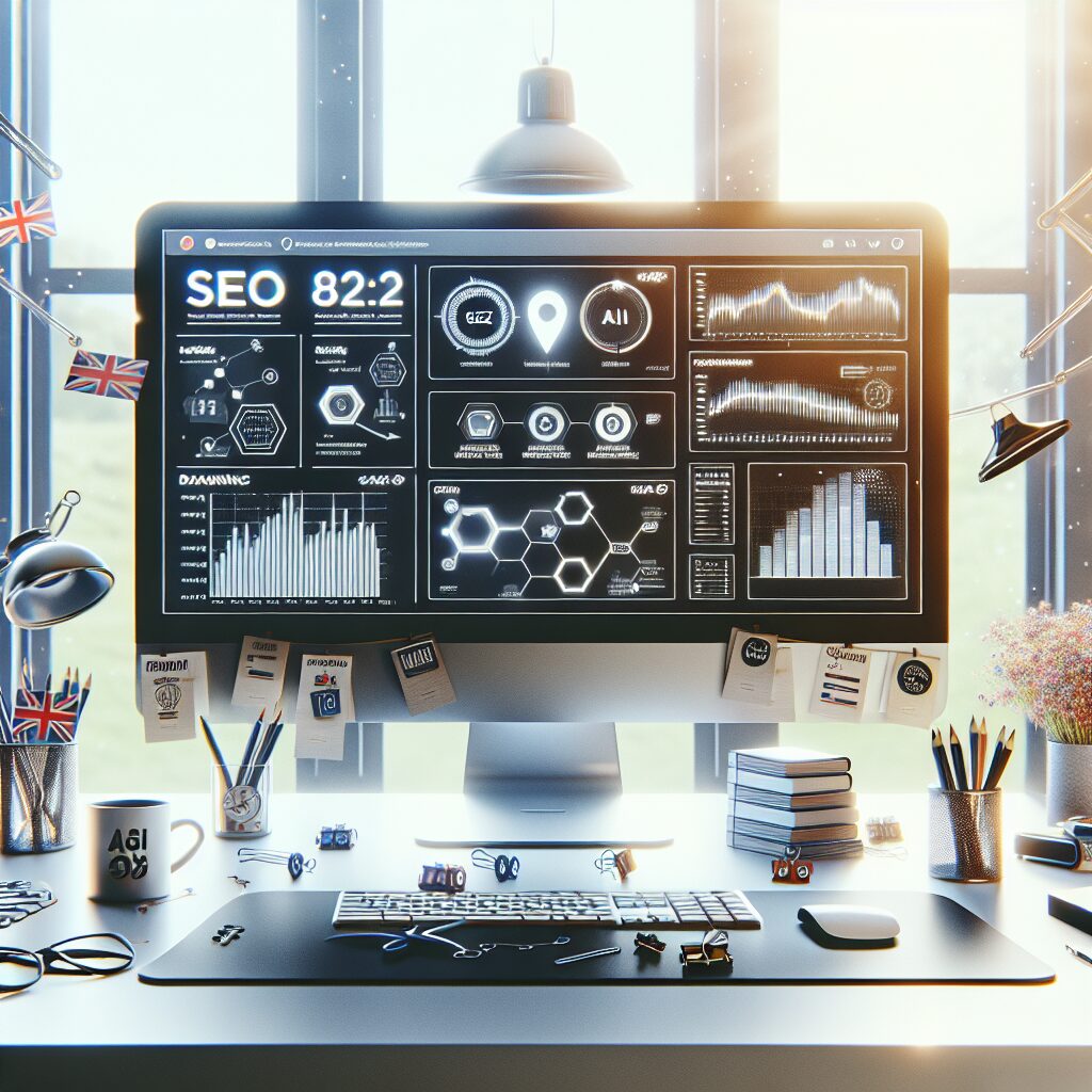 Digital workspace showing SEO content automation dashboard with UK business branding and AI overlay elements.