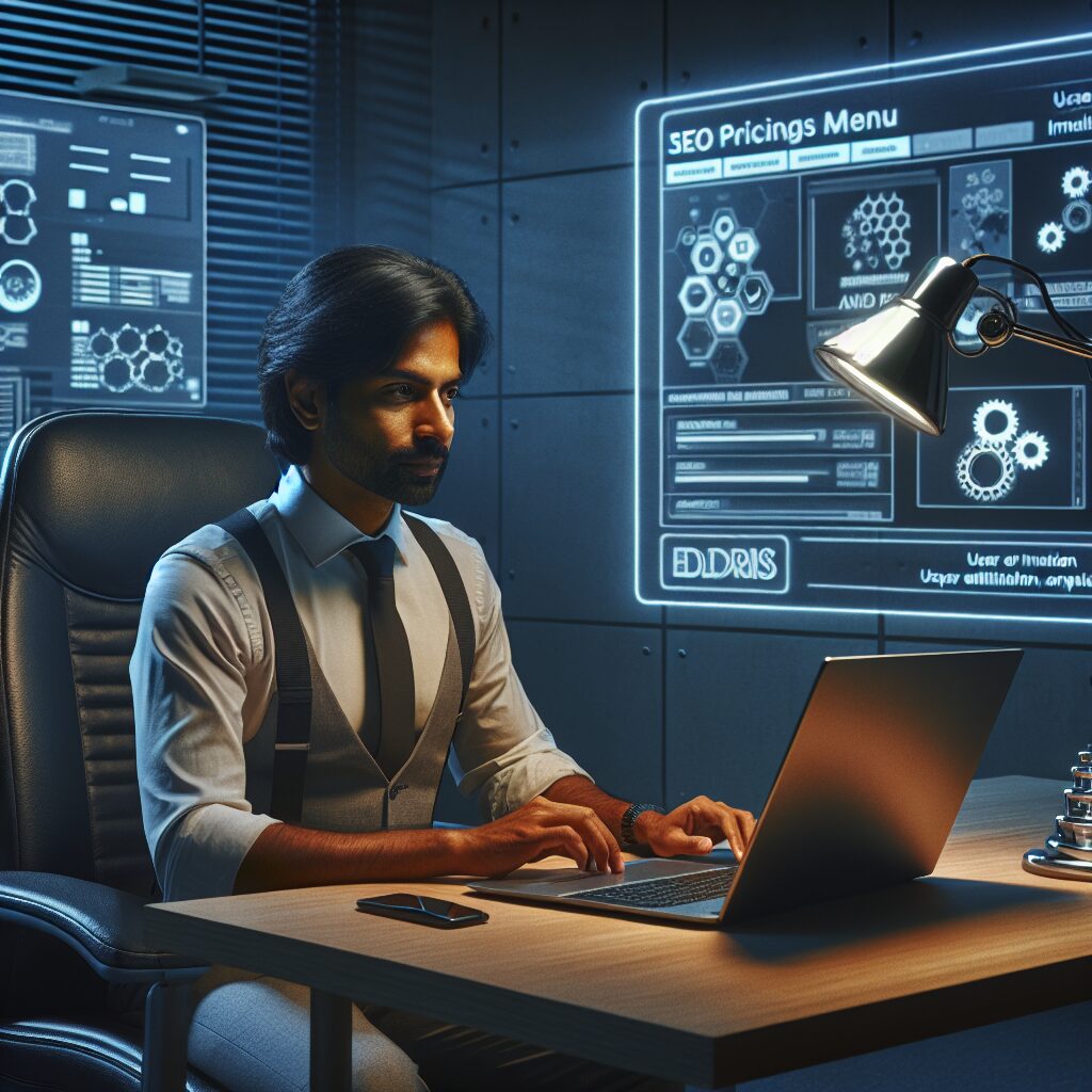 Business owner explores Eldris SEO pricing dashboard showing transparent onboarding steps and automation benefits.
