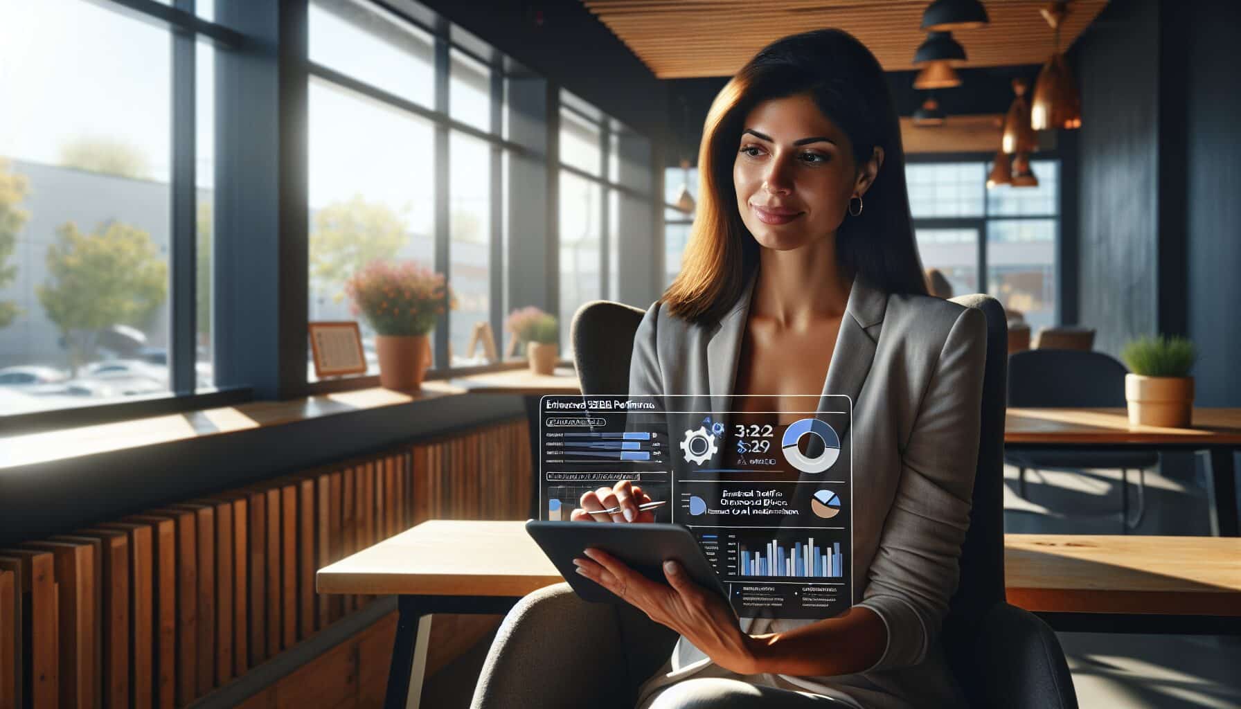 Small business owner reviewing improved SEO performance on tablet, thanks to AI SEO automation removing common optimisation errors.