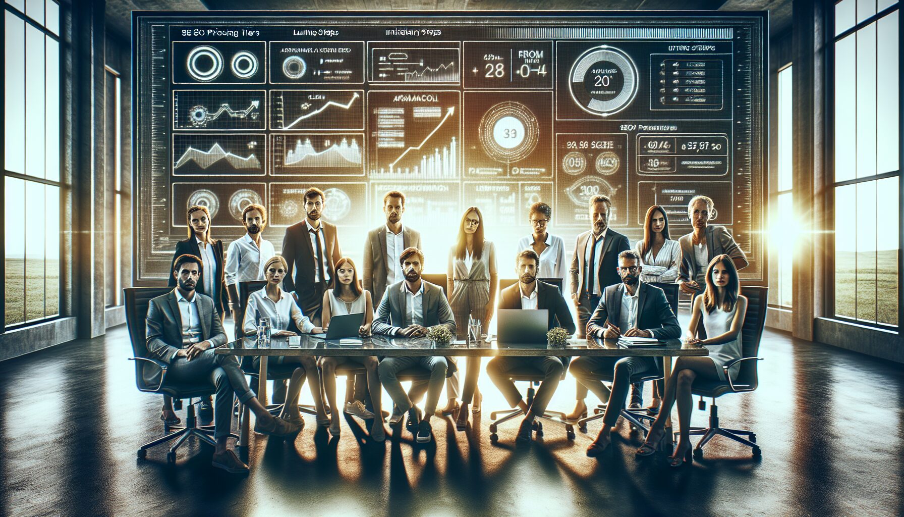 Marketing team reviewing SEO pricing and onboarding flow with Eldris platform on screen in modern UK office.