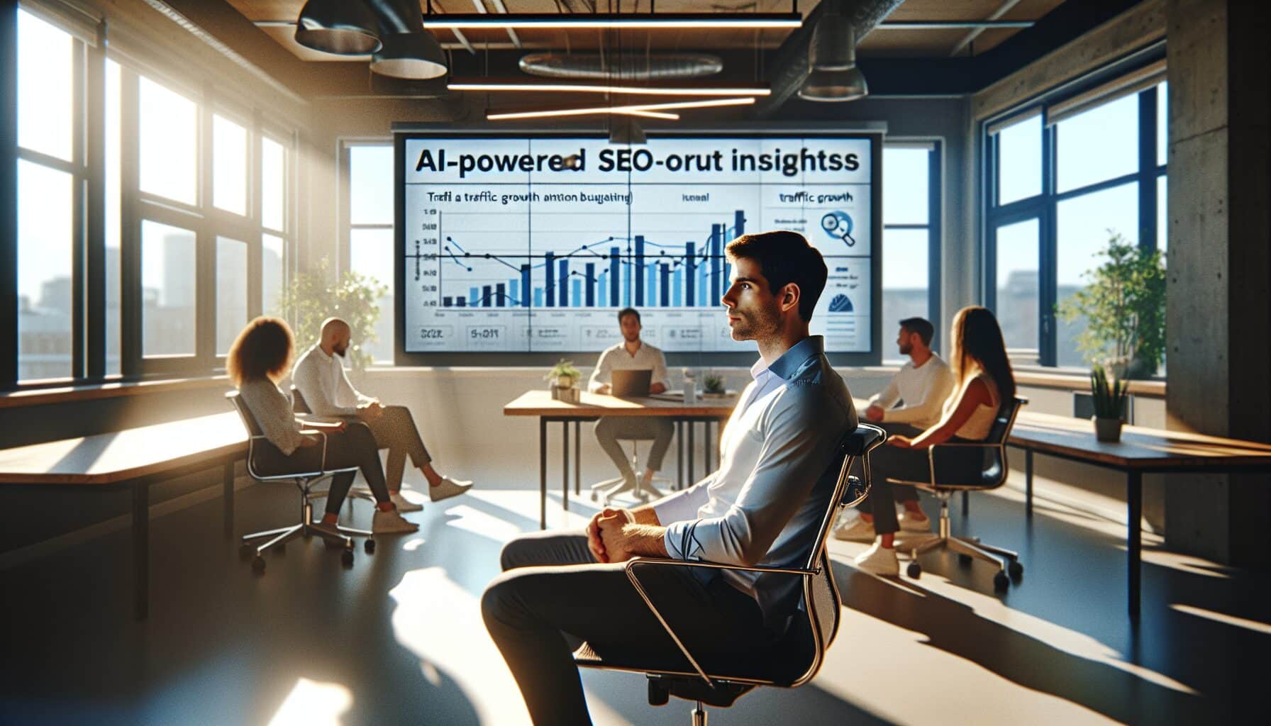 Startup founder using AI SEO insights to showcase traffic growth in a UK office setting.