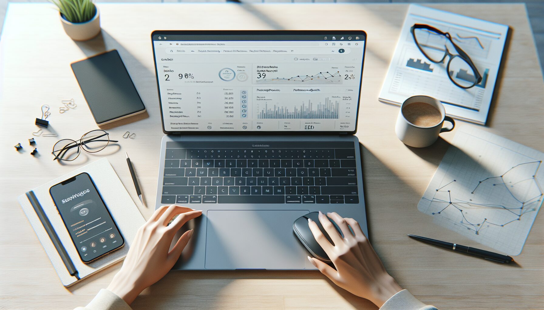 Overhead view of hands operating AI SEO software for ecommerce with performance graphs and product images visible on laptop.