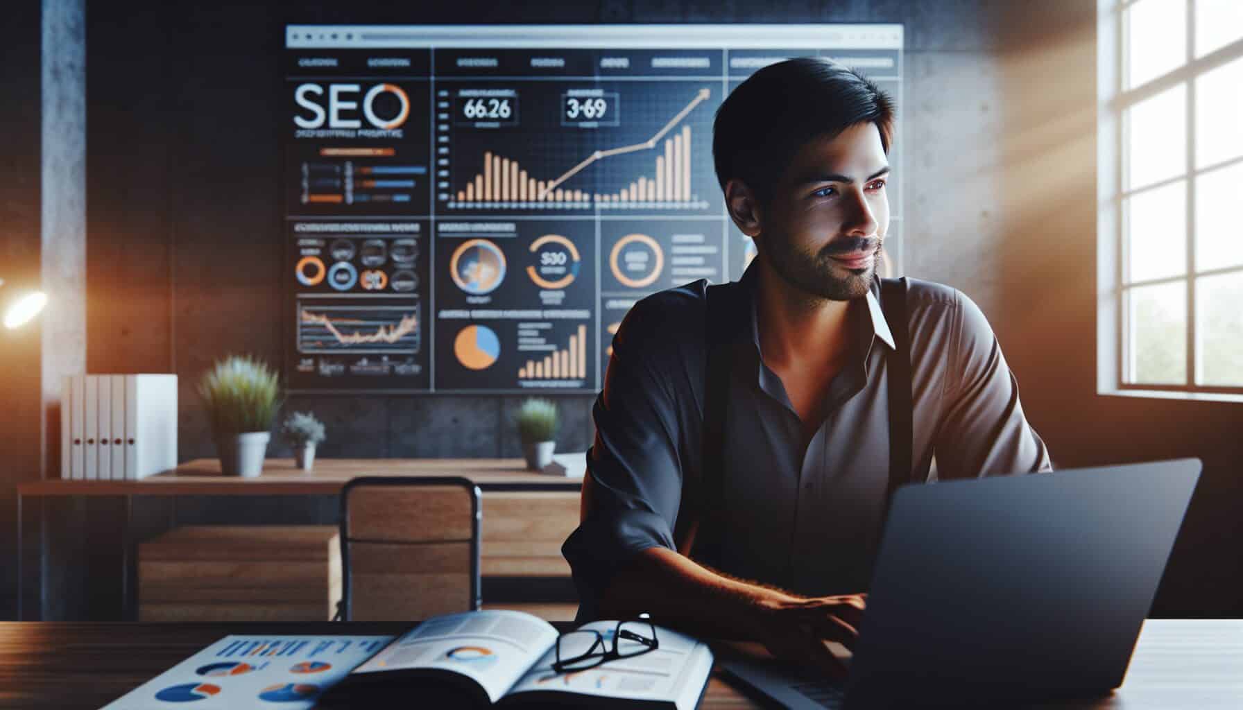 UK business owner reviewing automated SEO performance metrics on laptop and wall dashboard.