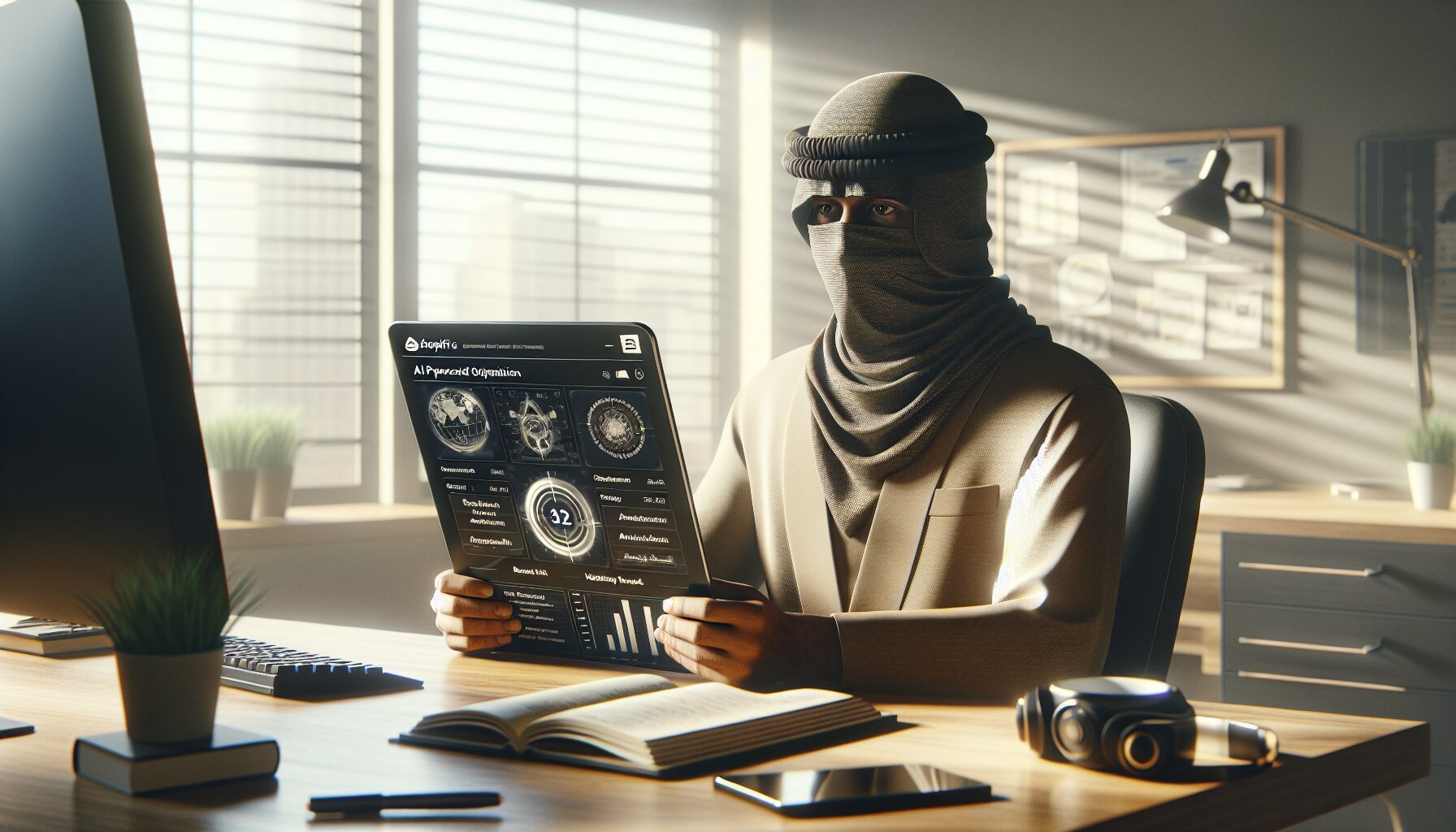 Tablet screen showing AI-powered Shopify SEO interface with performance charts and automation controls in a clean workspace.