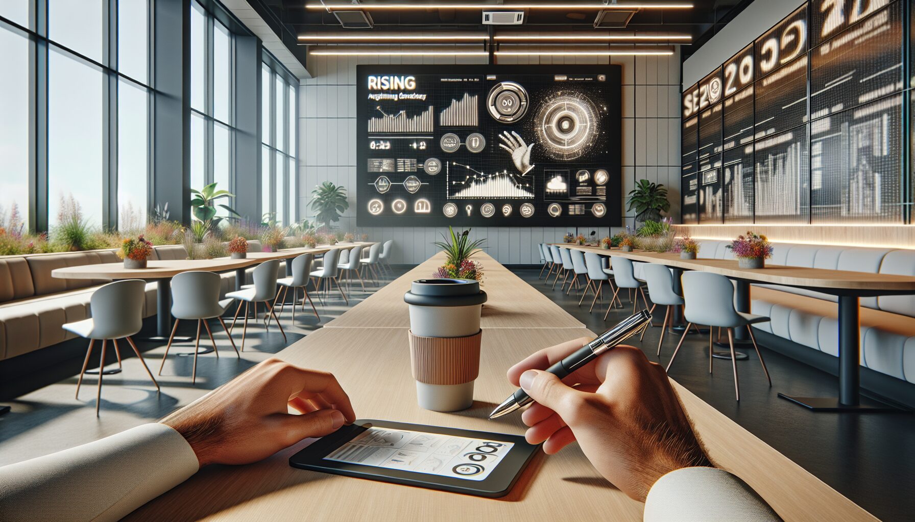 Tablet and screen showing scalable SEO content flows in a modern workspace, with notes, digital pen, and growing metrics.