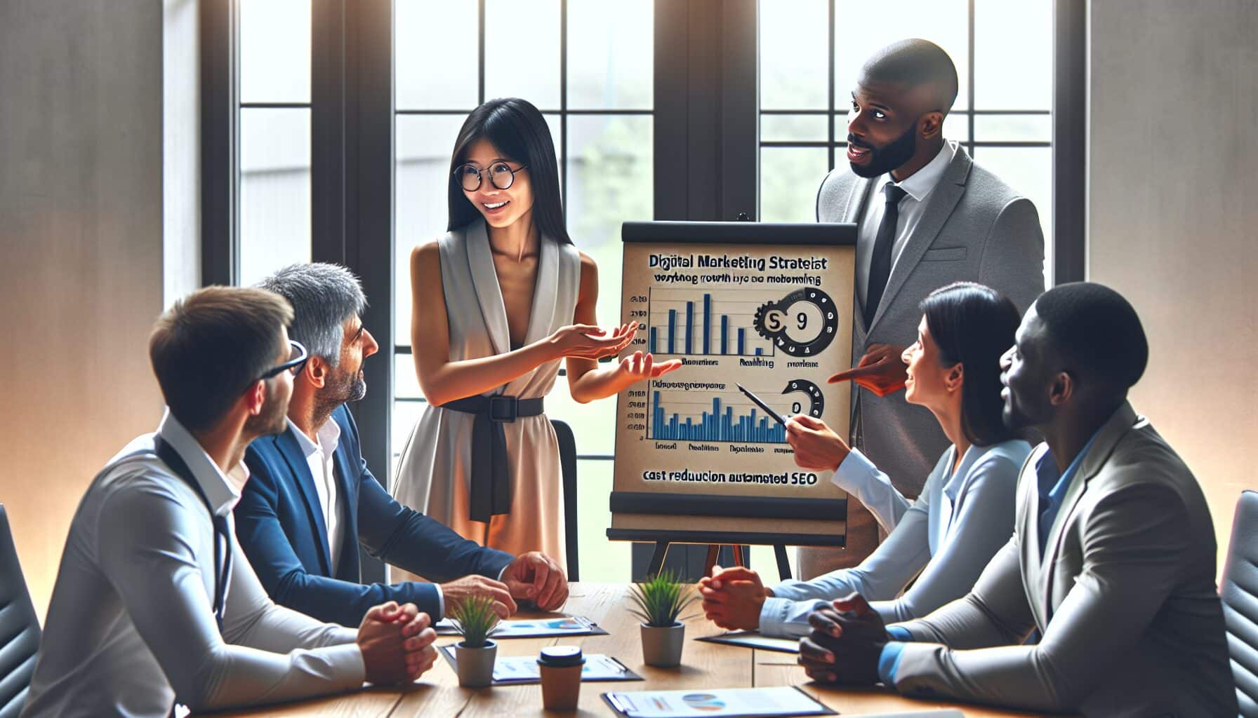 Marketing strategist explains benefits of automated SEO to SME team with performance stats on screen.