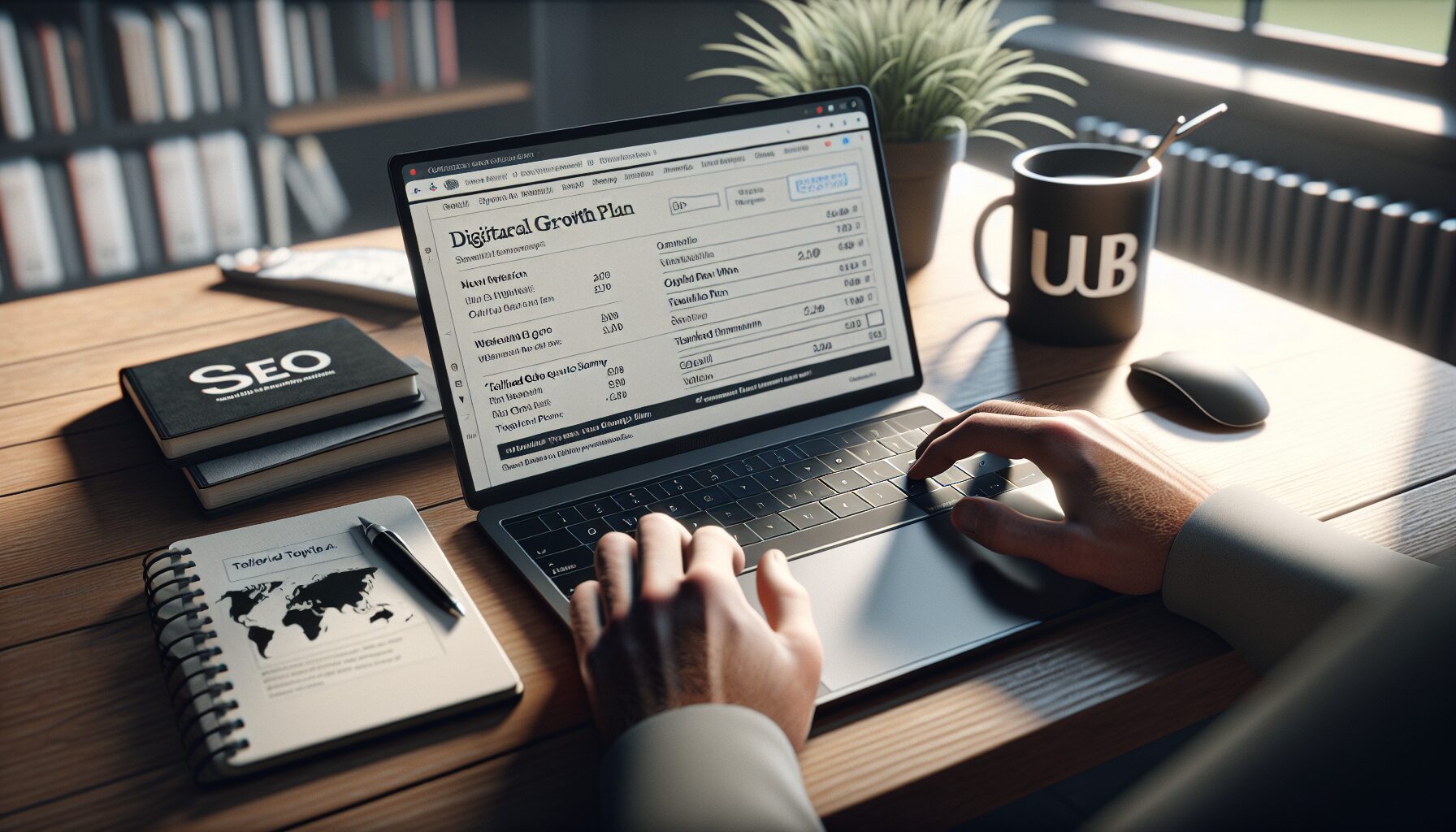 Person reviewing tailored SEO quote on laptop screen with UK branding materials nearby.