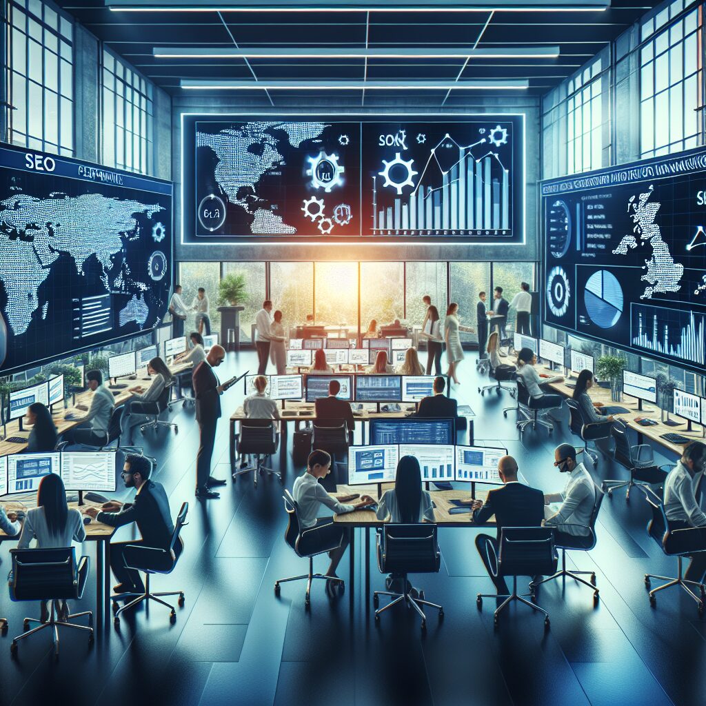 Office scene showing professionals analysing dashboards and graphs for automated SEO pricing UK performance insights.